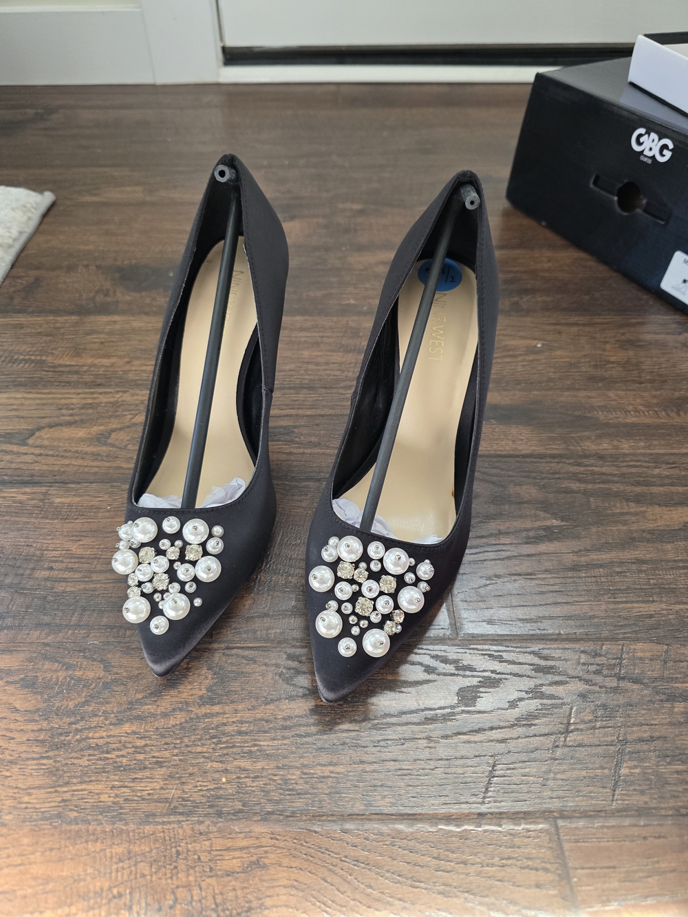 Nine West Pearl-Embellished Black Satin Pointed-Toe Pumps